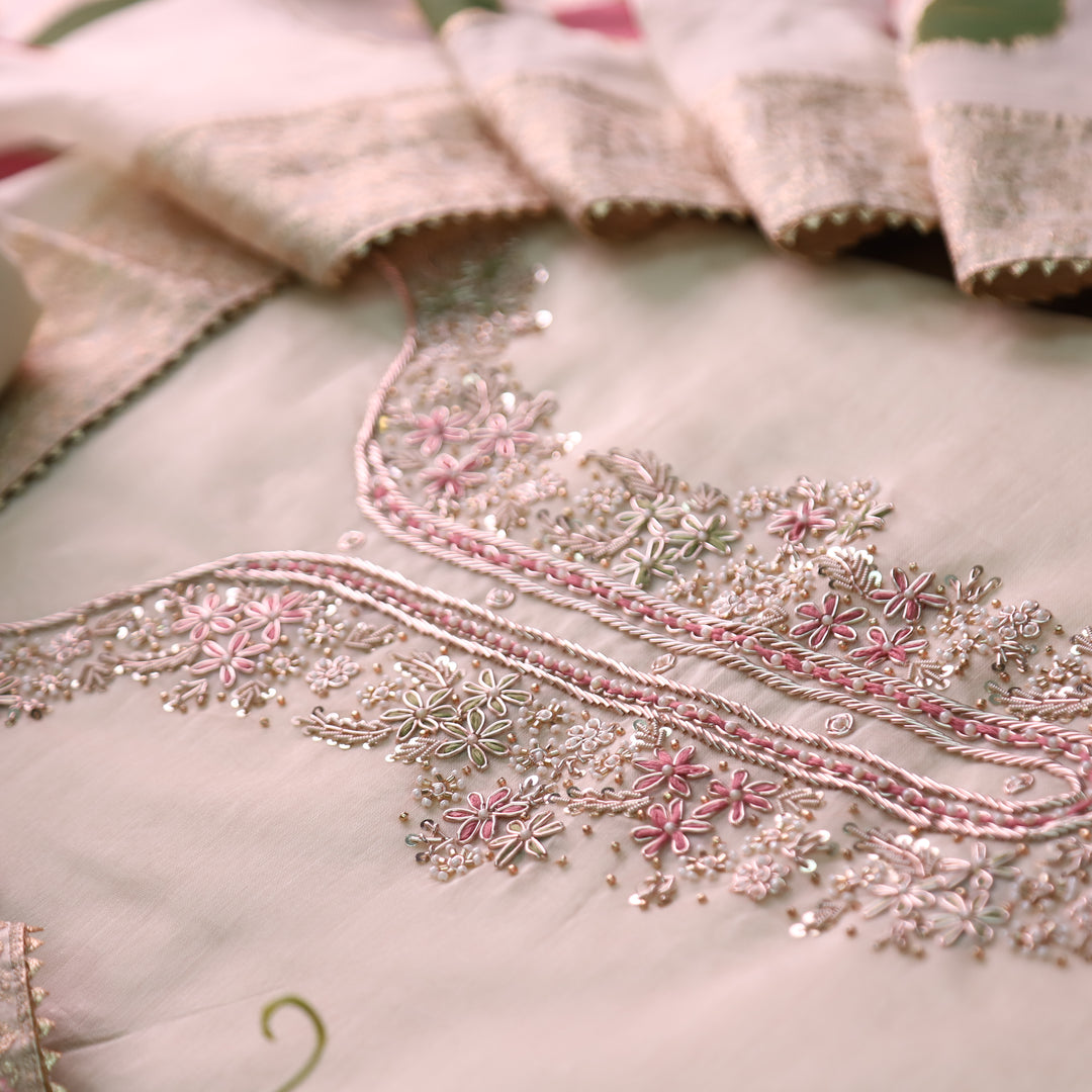 Sukhna Light Baby Pink Embellished Neck Work with Kardana Chanderi Set
