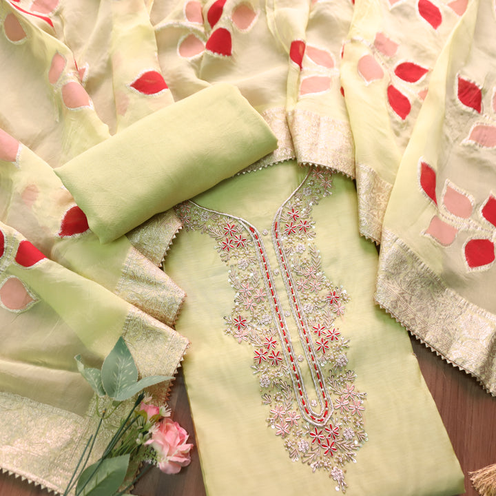 Sukhna Mint Green Embellished Neck Work with Kardana Chanderi Set