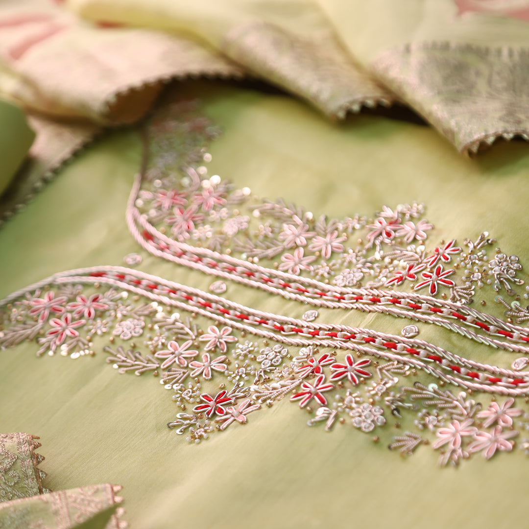 Sukhna Mint Green Embellished Neck Work with Kardana Chanderi Set