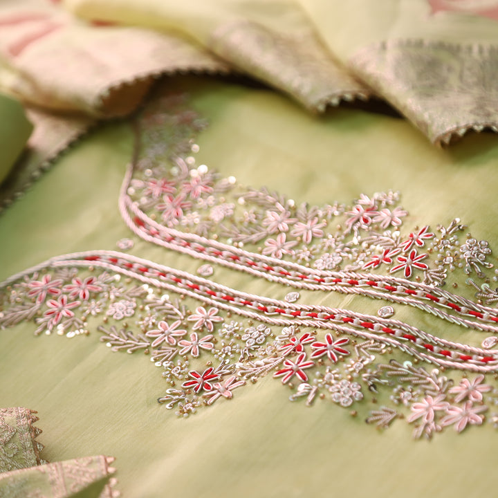 Sukhna Mint Green Embellished Neck Work with Kardana Chanderi Set