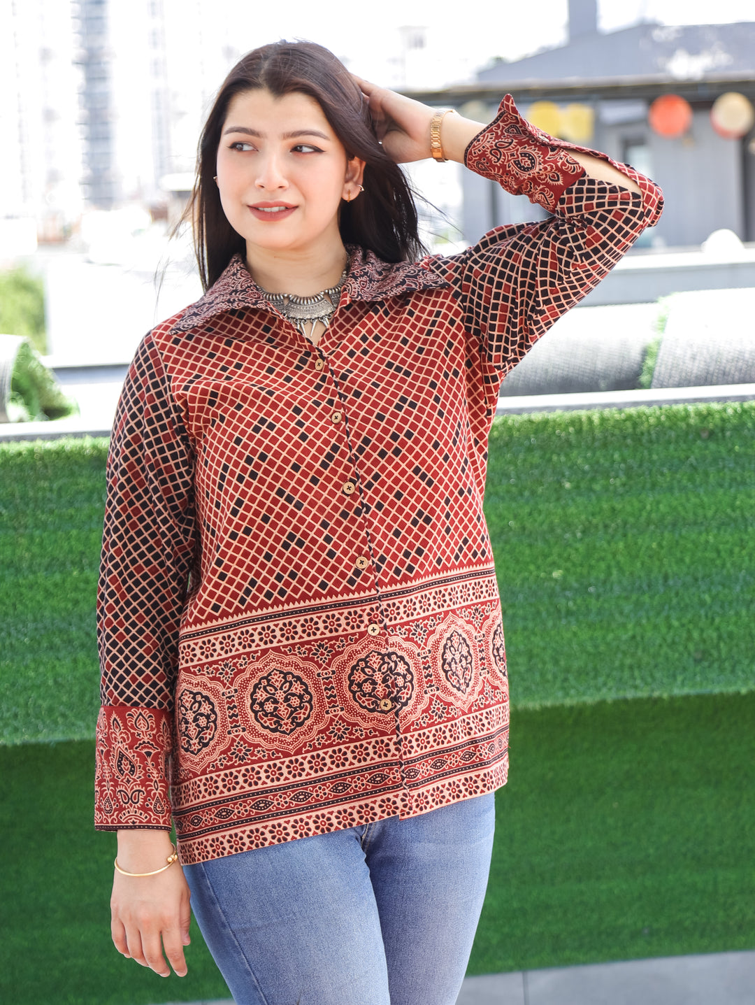 Alize Maroon Red Ajrak Cotton Shirt