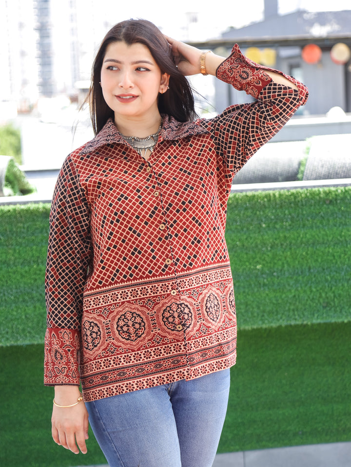 Alize Maroon Red Ajrak Cotton Shirt