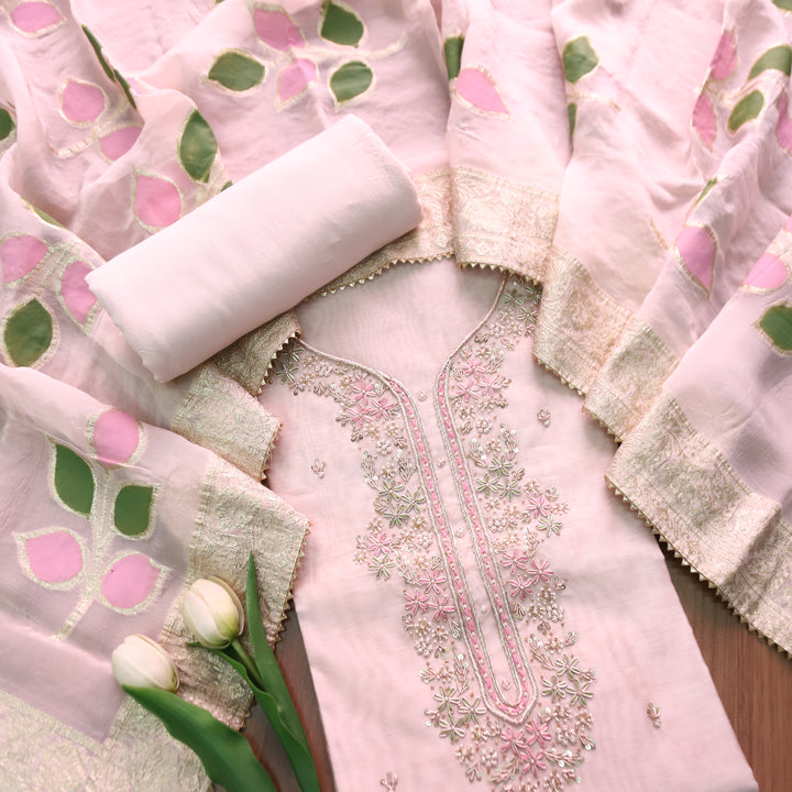 Sukhna Cream White Embellished Neck Work with Kardana Chanderi Set