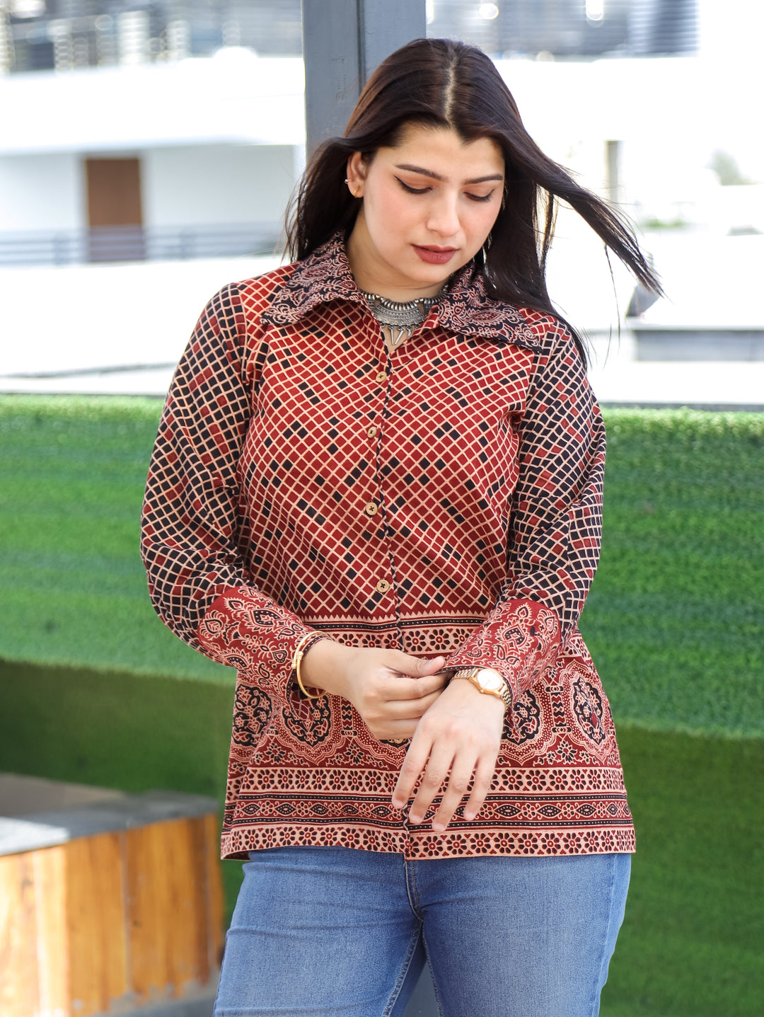 Alize Maroon Red Ajrak Cotton Shirt