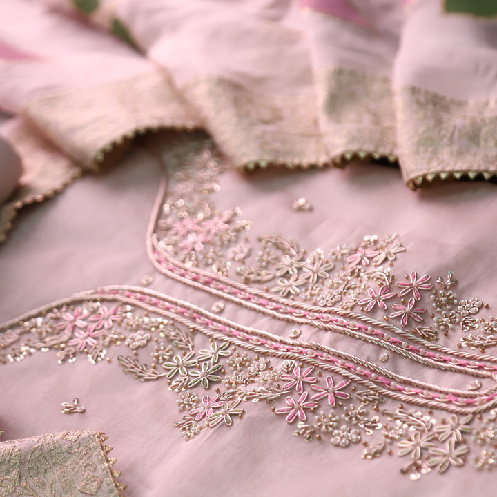 Sukhna Cream White Embellished Neck Work with Kardana Chanderi Set