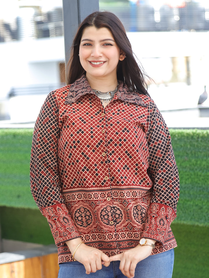 Alize Maroon Red Ajrak Cotton Shirt