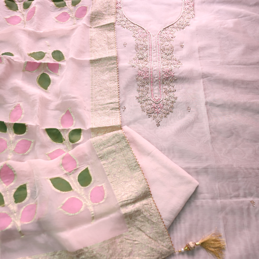 Sukhna Cream White Embellished Neck Work with Kardana Chanderi Set