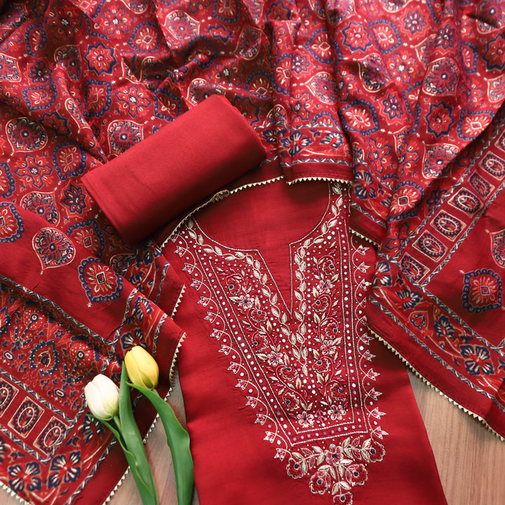 Shreya Maroon Red Embellish Neck Work with Patra Detailing Dola Silk Set