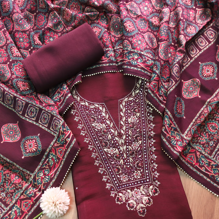 Shreya Mahogany Wine Embellish Neck Work with Patra Detailing Dola Silk Set