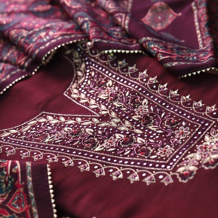 Shreya Mahogany Wine Embellish Neck Work with Patra Detailing Dola Silk Set