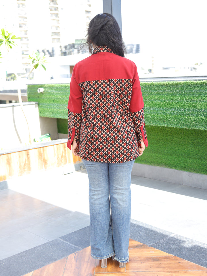 Ayat Cherry Red Morocan Contrast Cotton Shirt