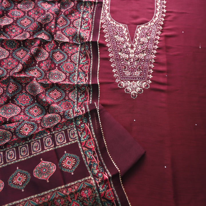 Shreya Mahogany Wine Embellish Neck Work with Patra Detailing Dola Silk Set