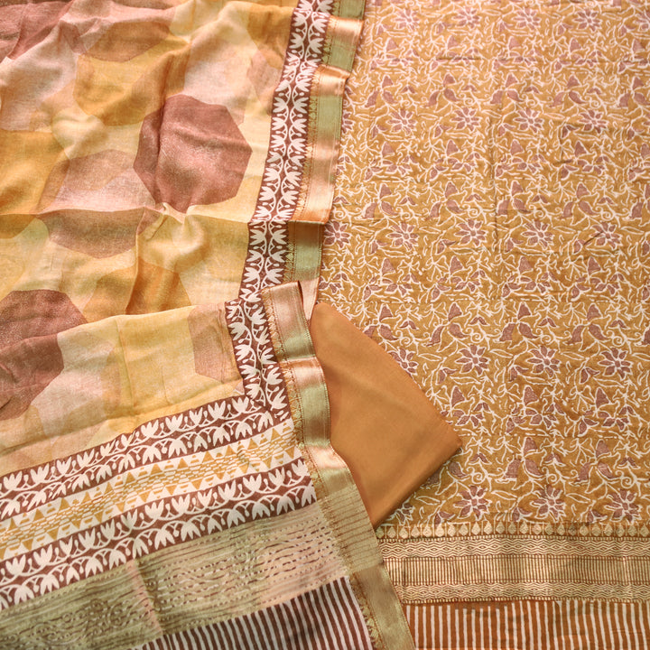 Saarthi Dandelion Yellow Floral Printed Zari Weaved Hem Assam Silk Set
