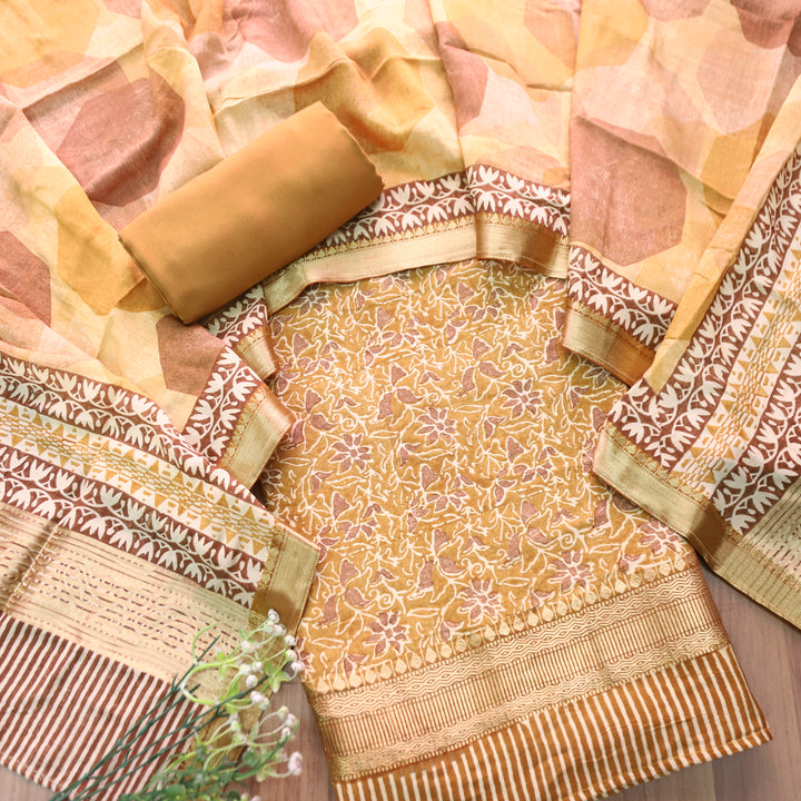 Saarthi Dandelion Yellow Floral Printed Zari Weaved Hem Assam Silk Set