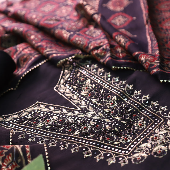 Shreya Midnight Black Embellish Neck Work with Patra Detailing Dola Silk Set