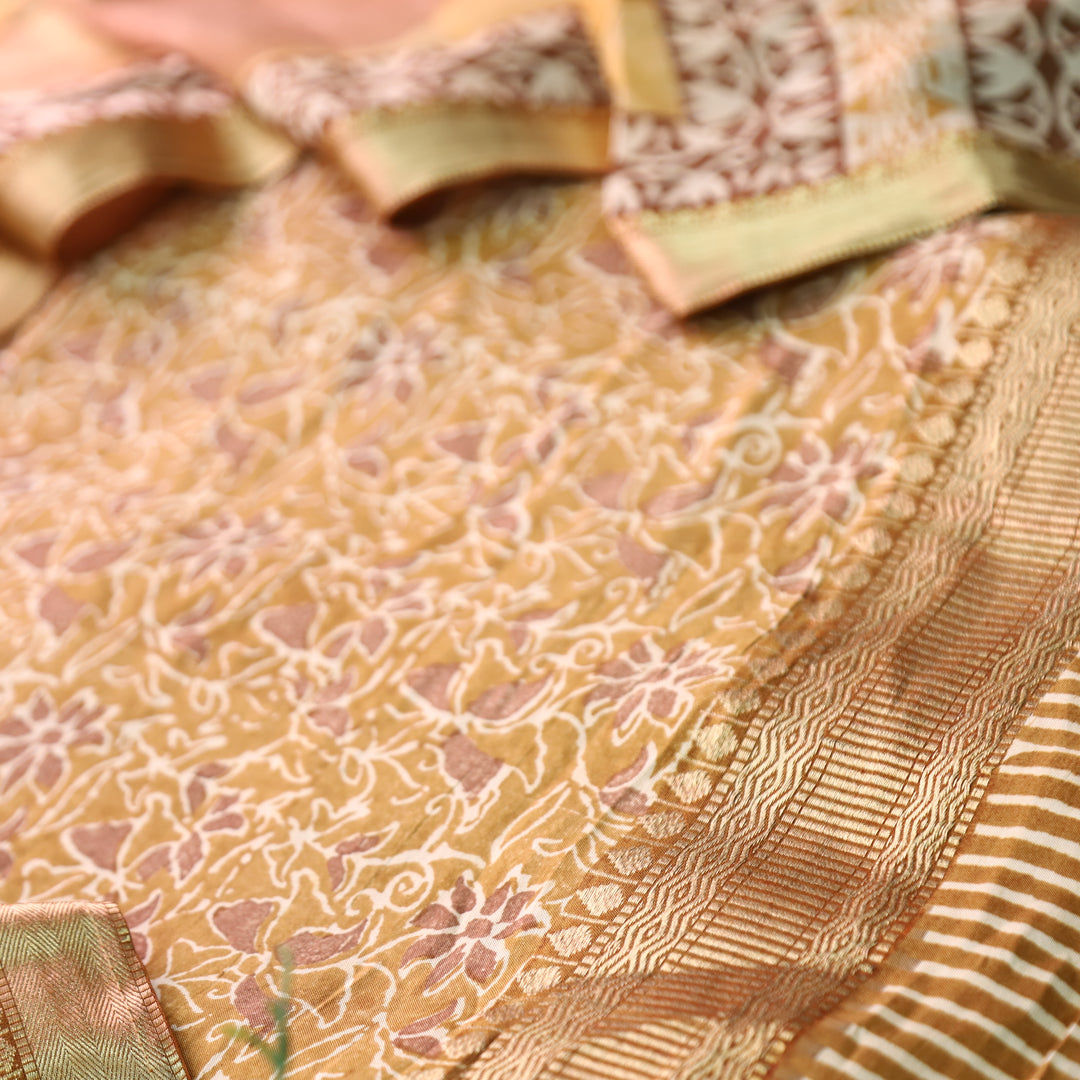 Saarthi Dandelion Yellow Floral Printed Zari Weaved Hem Assam Silk Set
