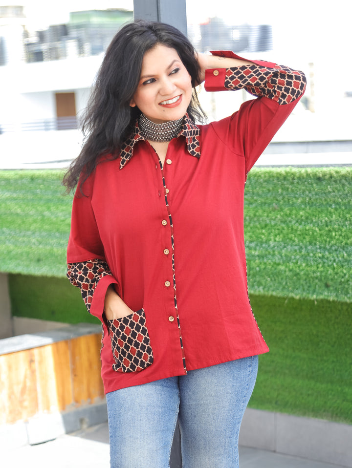 Ayat Cherry Red Morocan Contrast Cotton Shirt