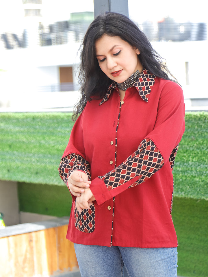 Ayat Cherry Red Morocan Contrast Cotton Shirt
