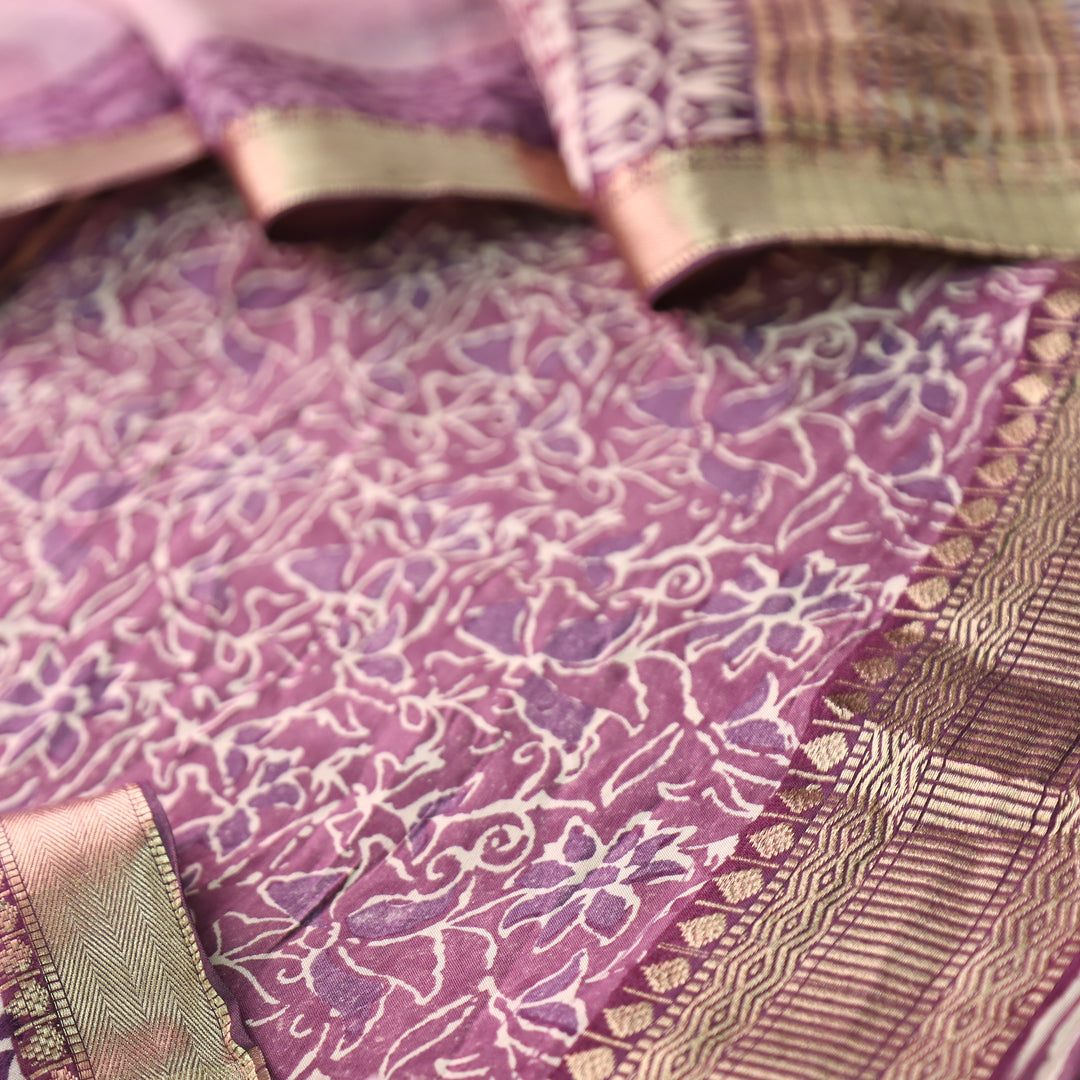 Saarthi Orchid Lilac Floral Printed Zari Weaved Hem Assam Silk Set