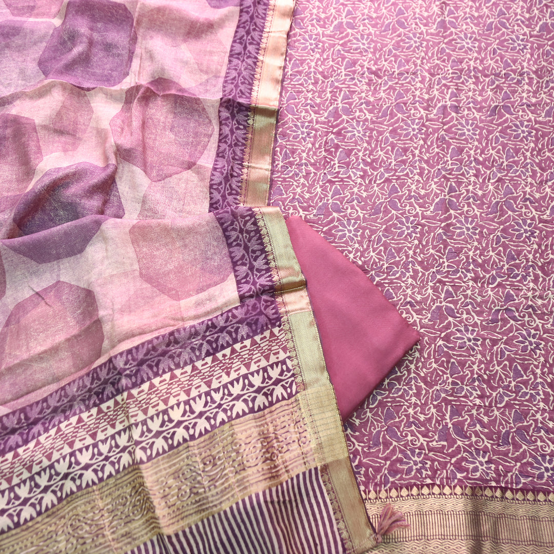 Saarthi Orchid Lilac Floral Printed Zari Weaved Hem Assam Silk Set