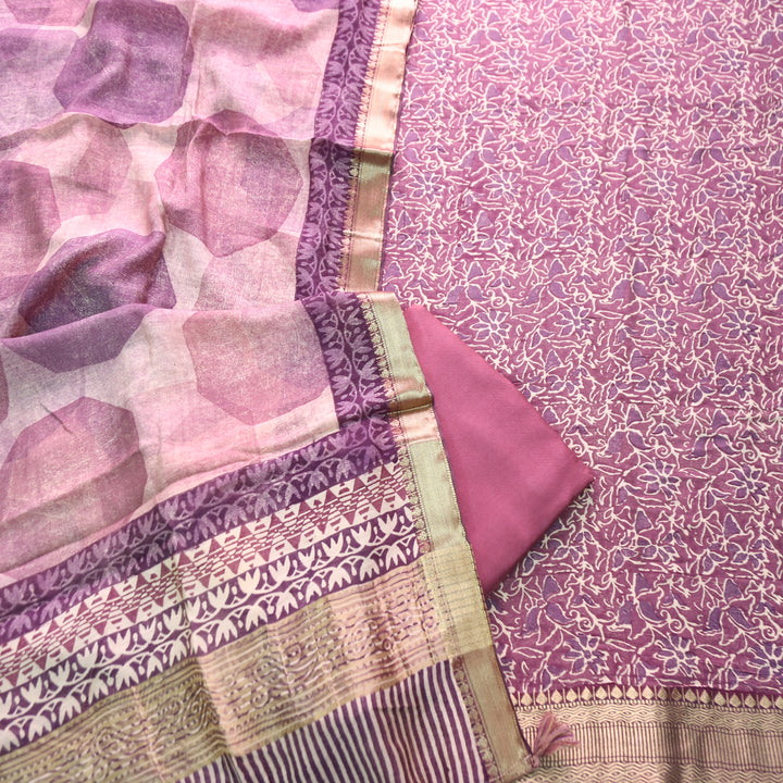Saarthi Orchid Lilac Floral Printed Zari Weaved Hem Assam Silk Set