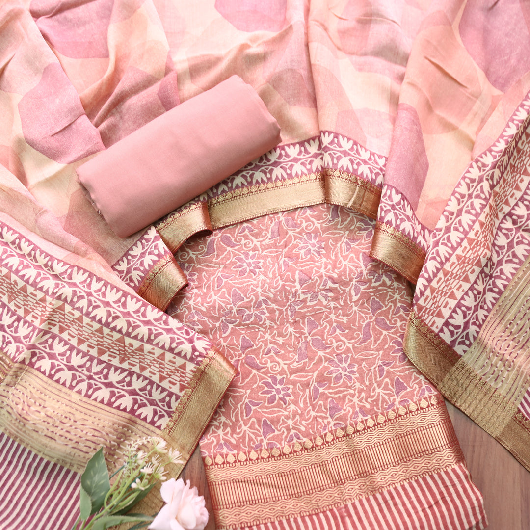 Saarthi Soft Peach Floral Printed Zari Weaved Hem Assam Silk Set