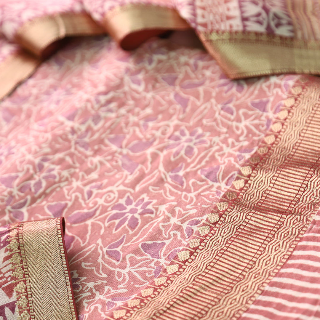 Saarthi Soft Peach Floral Printed Zari Weaved Hem Assam Silk Set