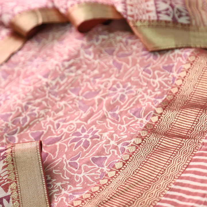 Saarthi Soft Peach Floral Printed Zari Weaved Hem Assam Silk Set