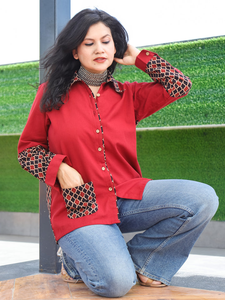 Ayat Cherry Red Morocan Contrast Cotton Shirt