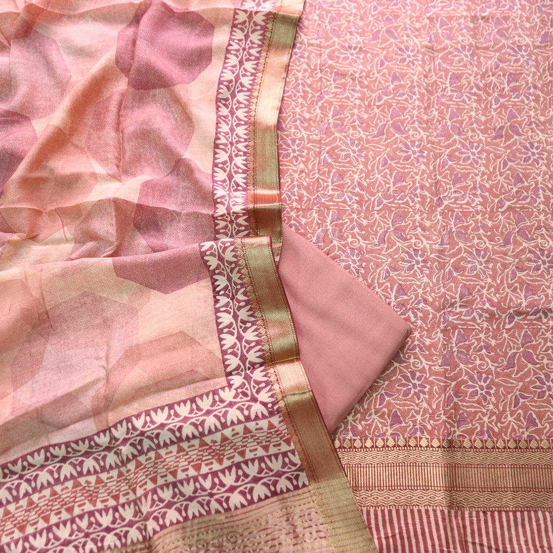 Saarthi Soft Peach Floral Printed Zari Weaved Hem Assam Silk Set