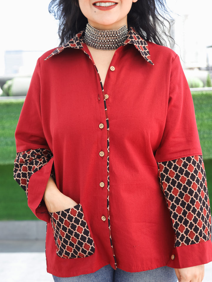 Ayat Cherry Red Morocan Contrast Cotton Shirt