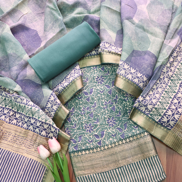Saarthi Sea Form Floral Printed Zari Weaved Hem Assam Silk Set