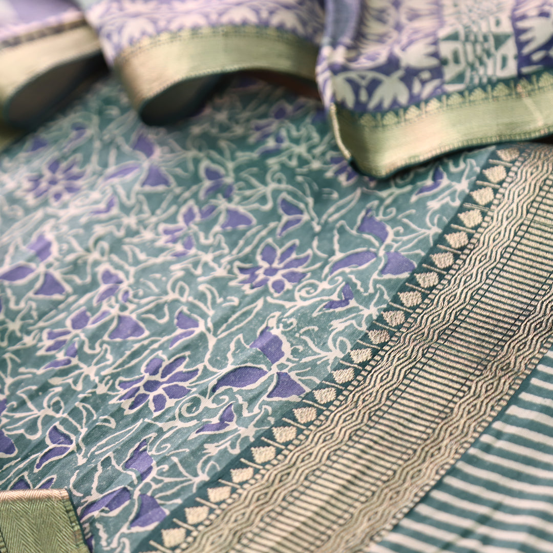 Saarthi Sea Form Floral Printed Zari Weaved Hem Assam Silk Set