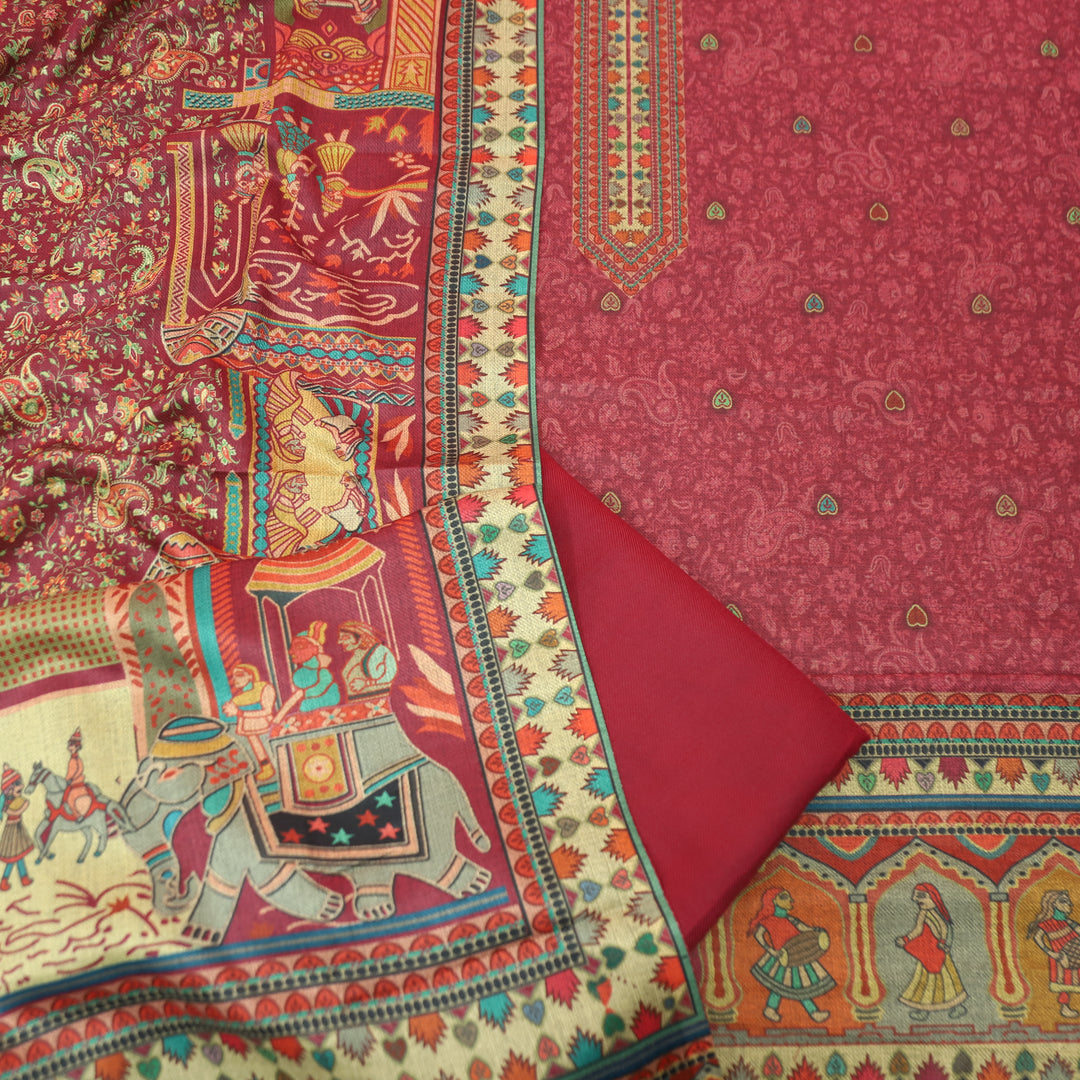 सौंदर्या Rapsberry Pink Elegant Digital Self Printed Semi Pashmina winter Set