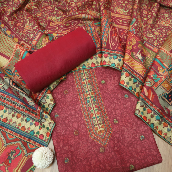 सौंदर्या Rapsberry Pink Elegant Digital Self Printed Semi Pashmina winter Set