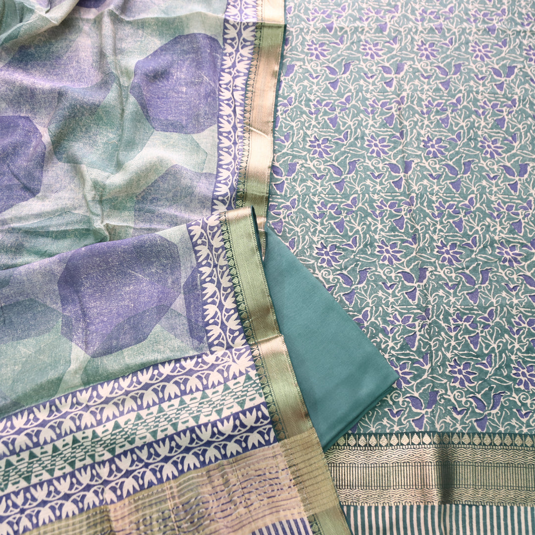 Saarthi Sea Form Floral Printed Zari Weaved Hem Assam Silk Set