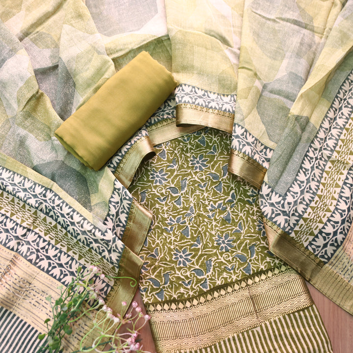 Saarthi Olive Green Floral Printed Zari Weaved Hem Assam Silk Set