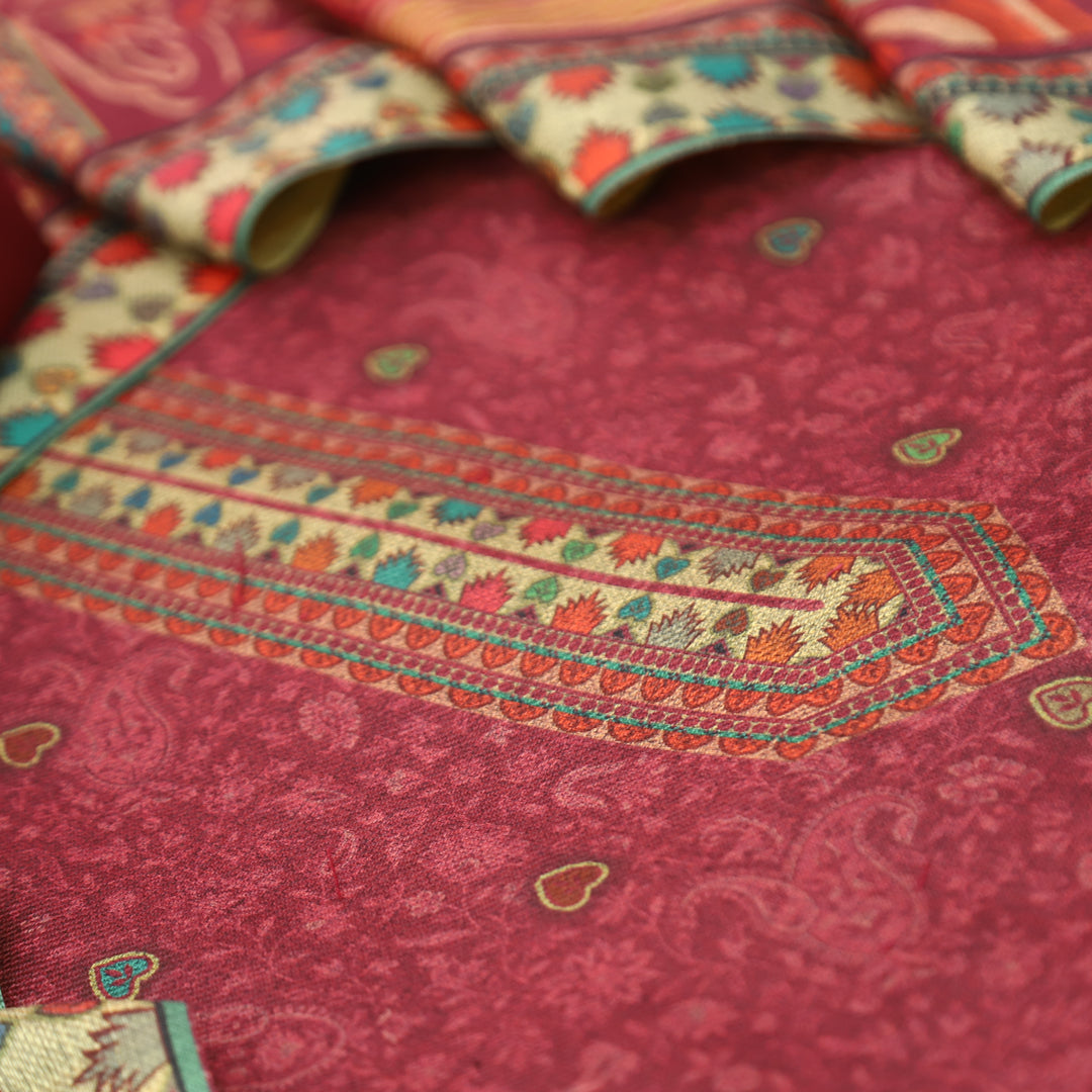 सौंदर्या Rapsberry Pink Elegant Digital Self Printed Semi Pashmina winter Set