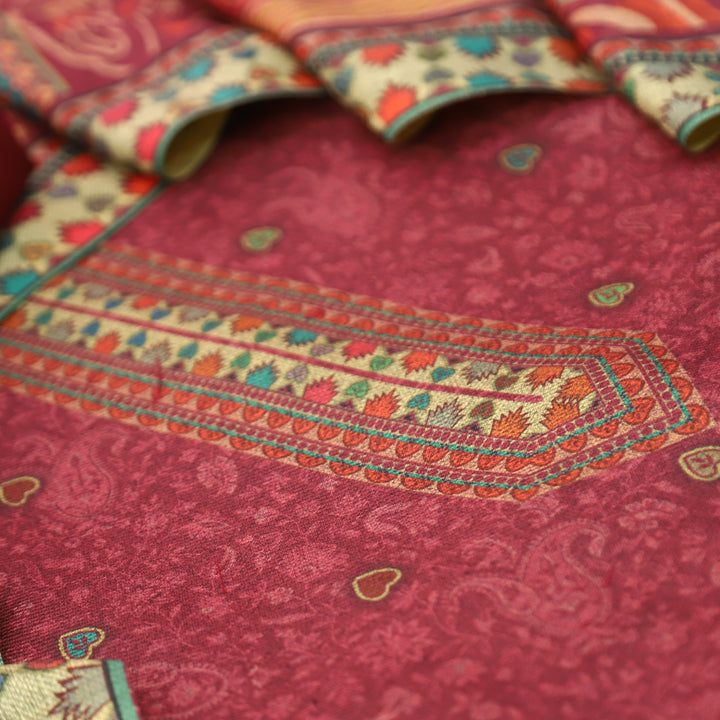 सौंदर्या Rapsberry Pink Elegant Digital Self Printed Semi Pashmina winter Set