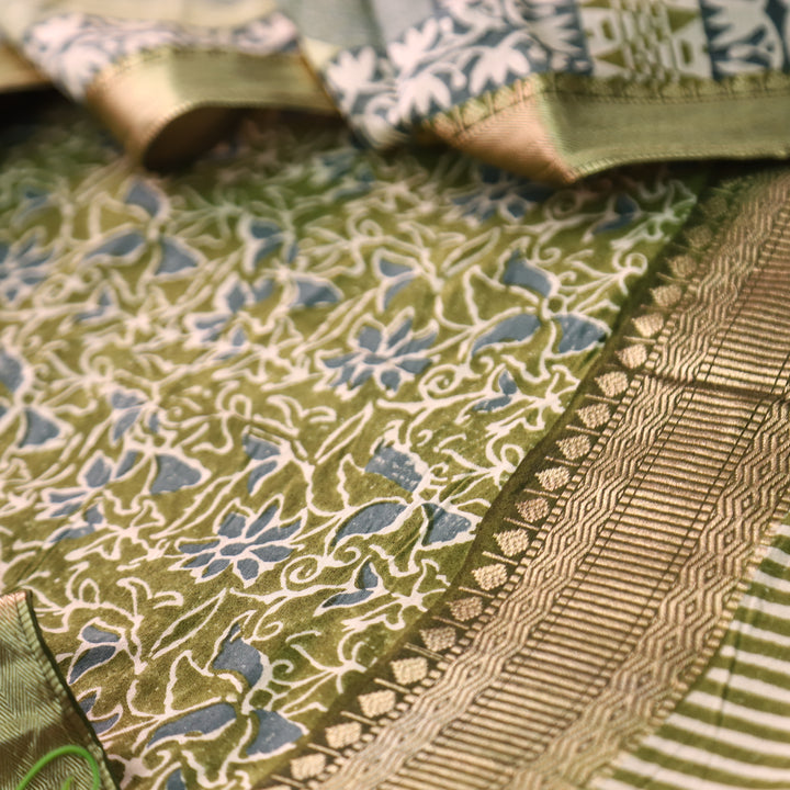 Saarthi Olive Green Floral Printed Zari Weaved Hem Assam Silk Set