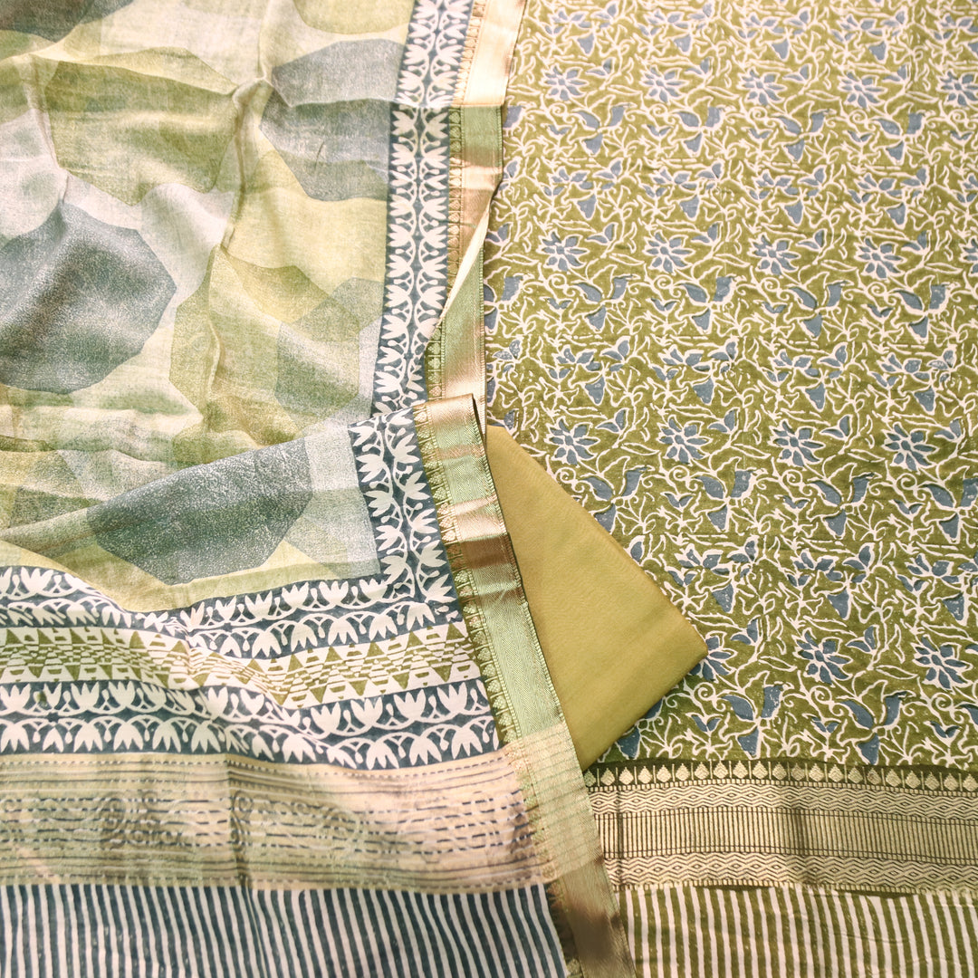 Saarthi Olive Green Floral Printed Zari Weaved Hem Assam Silk Set