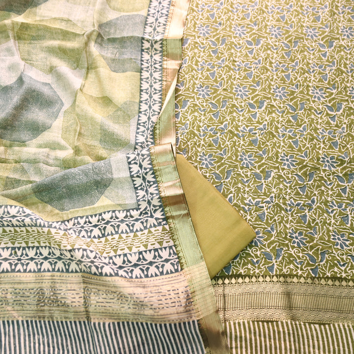 Saarthi Olive Green Floral Printed Zari Weaved Hem Assam Silk Set