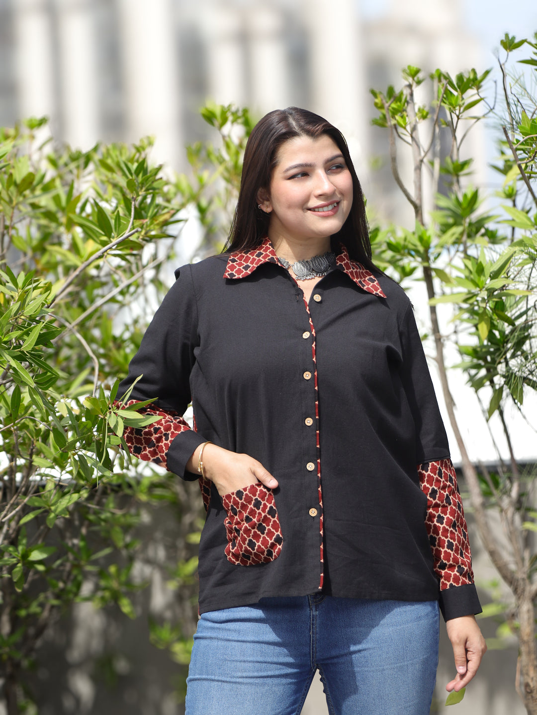 Ayat Black Morocan Contrast Cotton Shirt
