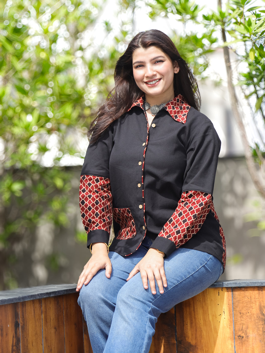 Ayat Black Morocan Contrast Cotton Shirt