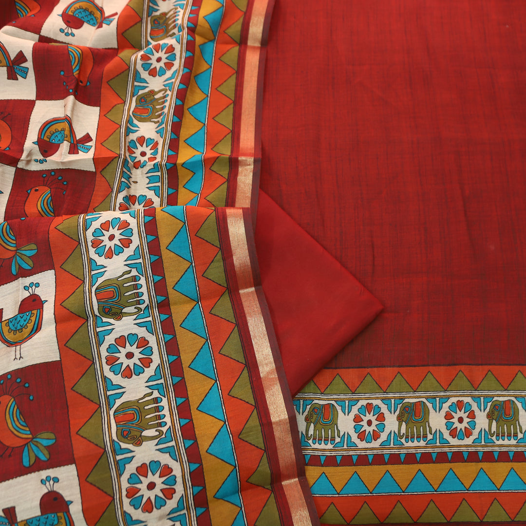 Pulvi Bride Red Printed Hem and Dupatta Maheswari Chanderi Set