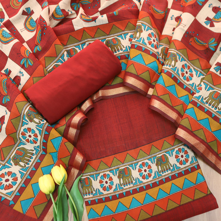 Pulvi Bride Red Printed Hem and Dupatta Maheswari Chanderi Set