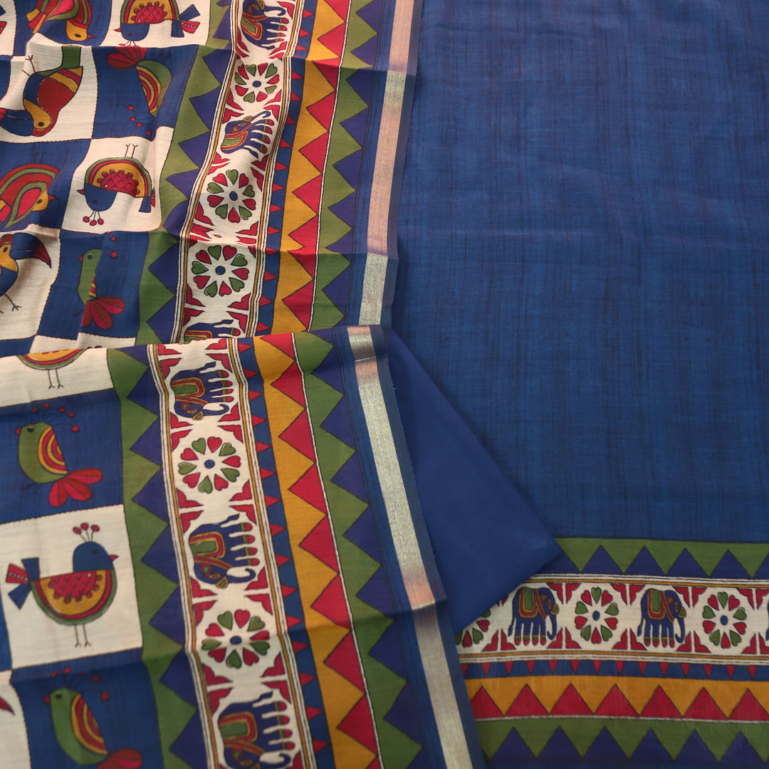 Pulvi Royal Blue Printed Hem and Dupatta Maheswari Chanderi Set