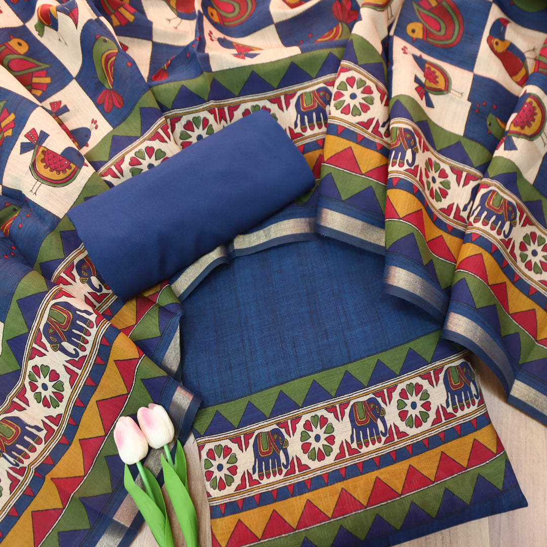 Pulvi Royal Blue Printed Hem and Dupatta Maheswari Chanderi Set