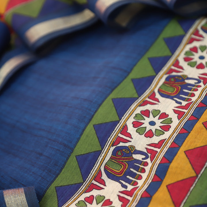 Pulvi Royal Blue Printed Hem and Dupatta Maheswari Chanderi Set