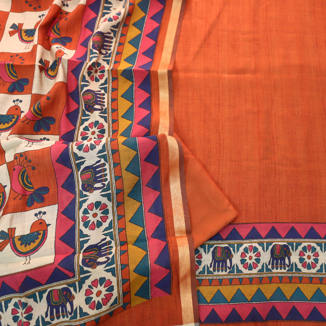 Pulvi Rust Orange Printed Hem and Dupatta Maheswari Chanderi Set
